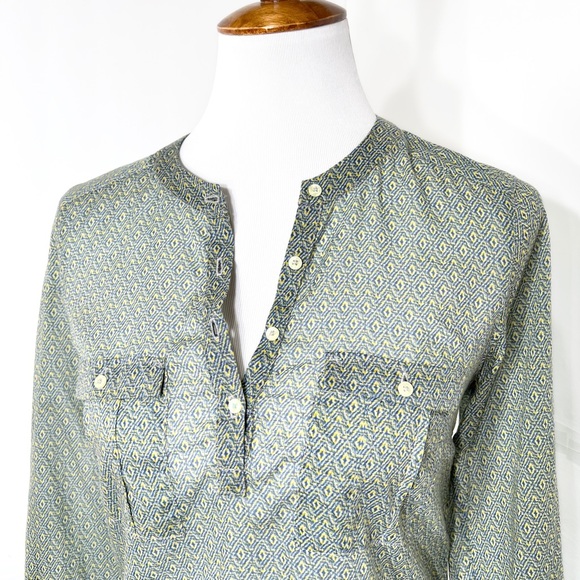 Anthropopogie Blue & Yellow Ikat Geometric Diamond Printed Roll Tab Sleeve Tunic - Picture 9 of 12